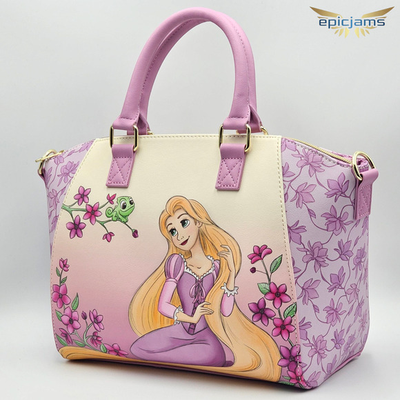 Loungefly Disney Tangled Rapunzel & Pascal Flower Pink Satchel Purse Bag New - Picture 2 of 6